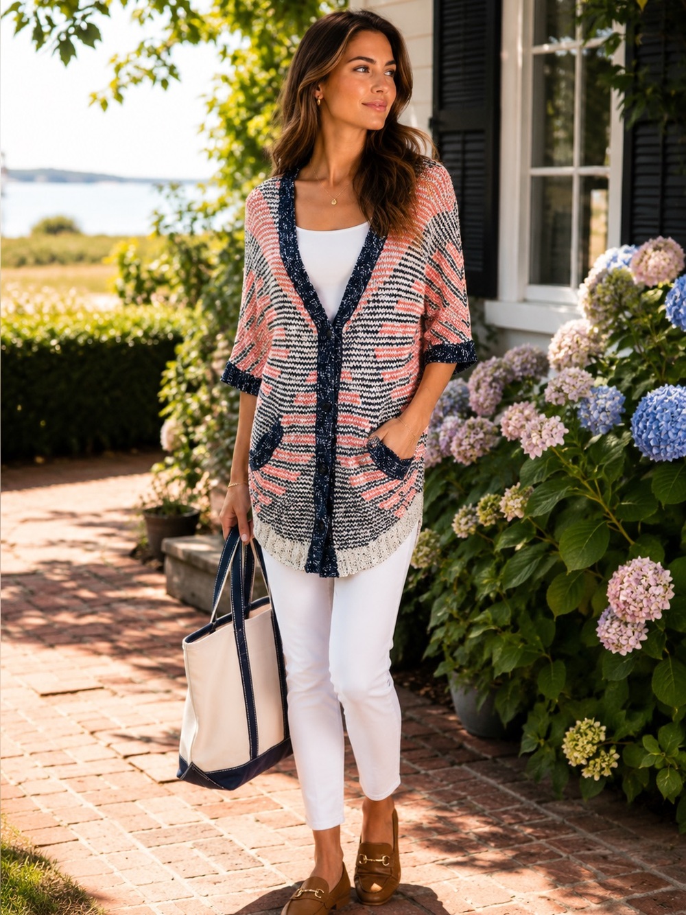 MOTH Boho Coral, Deep Navy, and Cream Textured Deep V-Neck Oversized Cardigan, S